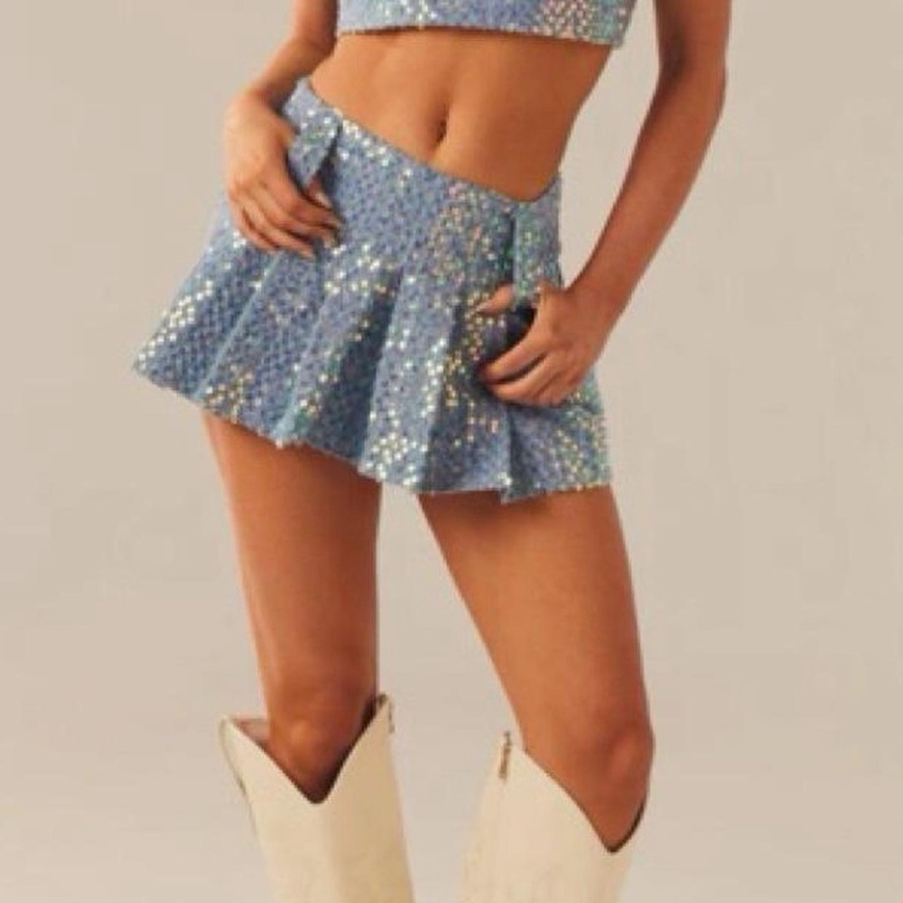 Peppermayo baby blue sequin pleated mini skirt